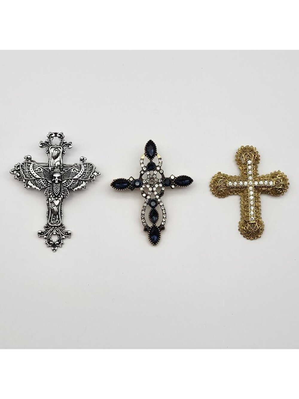 Vintage Cross Brooch Pin Lot Christian Jewelry Rhinestone Goth